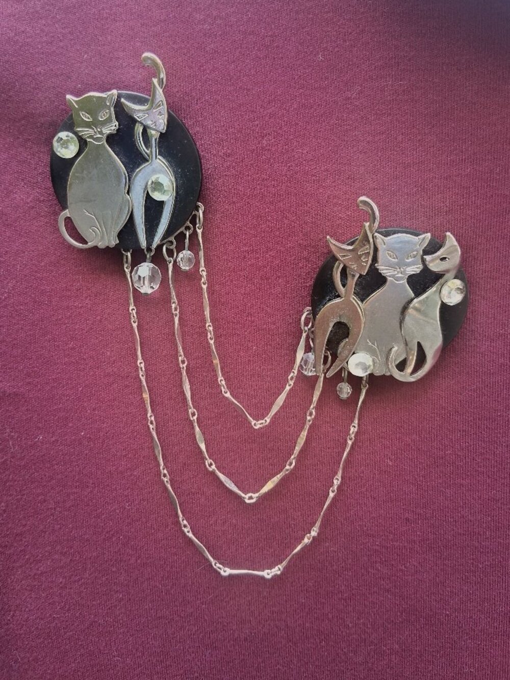 VTG 90s Silver Tone Rhinestone Cat Sweater Guard Chain Brooch